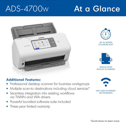 Brother ADS-4700W Professional Desktop Scanner with Fast Scan Speeds, Duplex, Wireless, and Large Touchscreen NEW ADS4700W ADDS 80-ADF