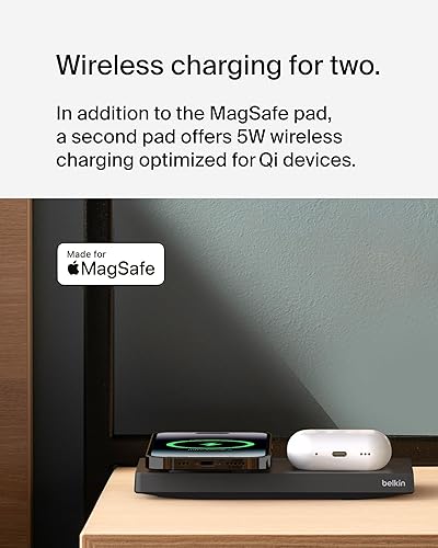 Belkin 2-in-1 Wireless Charging Pad with MagSafe 15W, Fast Charging iPhone Charger - Wireless Charging Station for iPhone 16, 15, 14, and 13 Series, AirPods, and Other MagSafe Enabled Devices - Black Black 2 in 1 Pad