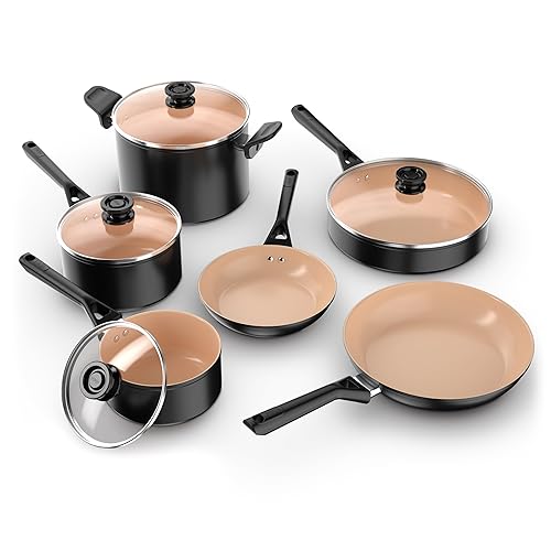 Ninja Pots and Pans Set Non Stick, Extended Life Select Ceramic Cookware Set, 10-Piece Nonstick, PFOA Free, Oven Safe to 350°F, Induction Compatible, CK89010CBF (Canadian Version)