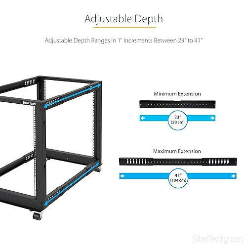 StarTech.com 4-Post 8U Mobile Open Frame Server Rack, 19in Network Rack with Wheels, Small Rolling Rack for Computer/AV/Data/IT Equipment, Casters, Leveling Feet or Floor Mounting (4POSTRACK8U) 8U Rack