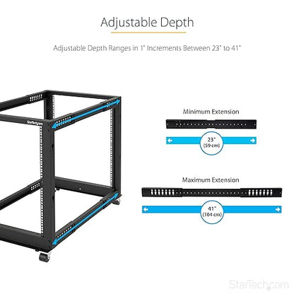 StarTech.com 4-Post 8U Mobile Open Frame Server Rack, 19in Network Rack with Wheels, Small Rolling Rack for Computer/AV/Data/IT Equipment, Casters, Leveling Feet or Floor Mounting (4POSTRACK8U) 8U Rack