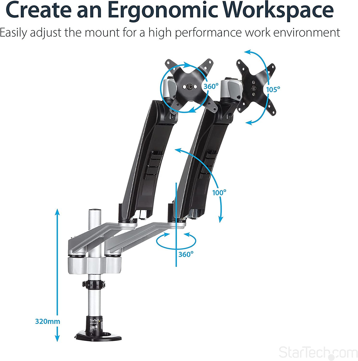StarTech.com Desk Mount Dual Monitor Arm - Articulating - Supports VESA Monitors 12'' to 30'' - Adjustable - Grommet/Desk Mount - Premium - Silver (ARMDUAL30)