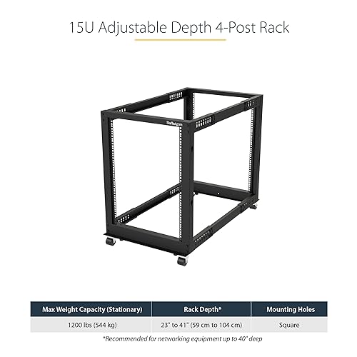 StarTech.com 4-Post 15U Mobile Open Frame Server Rack, 19in Network Rack with Wheels, Rolling Rack for Computer/AV/Data/IT Equipment - Casters, Leveling Feet or Floor Mounting (4POSTRACK15U) 15U Rack