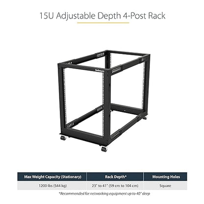 StarTech.com 4-Post 15U Mobile Open Frame Server Rack, 19in Network Rack with Wheels, Rolling Rack for Computer/AV/Data/IT Equipment - Casters, Leveling Feet or Floor Mounting (4POSTRACK15U) 15U Rack