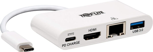 Tripp Lite USB C to HDMI Multiport Video Adapter Converter 4K w/ USB-A Hub, USB-C PD Charging Port &amp; Gigabit Ethernet Port, Thunderbolt 3 Compatible, USB Type C, USB Type-C (U444-06N-H4GU-C),White White HDMI 4K