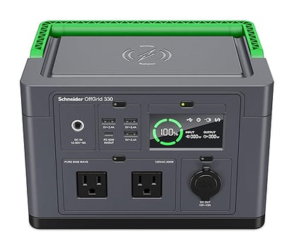 Schneider OffGrid Portable Power Station 300W, PPS330, Lightweight 332Wh Solar Generator: 2 AC Outlets, 60W USB-C PD Output, Wireless Charging, LED Light, for Camping, RV, Home Backup