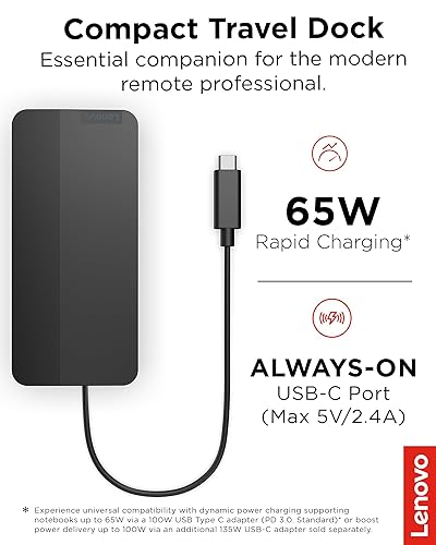 Lenovo USB-C Dual Display Travel Dock w/ 100W Power Adapter(Supports 65W PD Pass Though), 7 Ports, Up to 100W PD Pass Through, Integrated USB-C Cable, Black USB Dock + Adapter