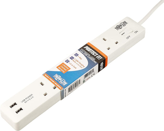 Tripp Lite Protect It! PS4B18USBW 4-Outlets Power Strip - British - 4 x BS 1363/A - 5.91 ft Cord - 13 A Current - 230 V AC Voltage - Desk Mountable, Wall Mountable - White