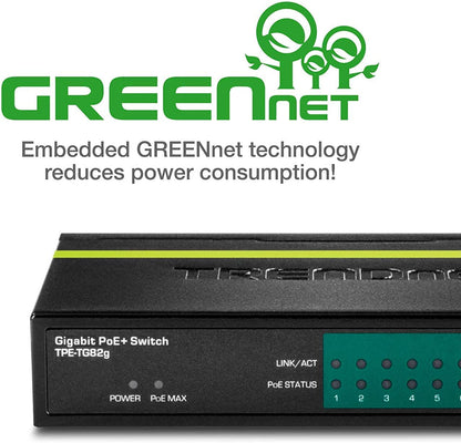 TRENDnet 8-Port GREENnet Gigabit PoE+ Switch, Supports PoE and PoE+ Devices, 61W PoE Budget, 16Gbps Switching Capacity, Data &amp; Power Via Ethernet to PoE Access Points &amp; IP Cameras, Black, TPE-TG82G 61W 8-Port