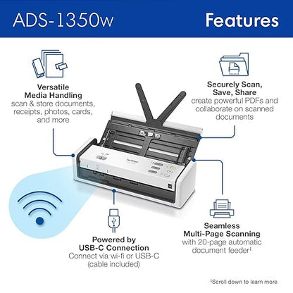 Brother ADS1350W Large Format Sheetfed Scanner - 600 x 600 dpi Optical - 30 ppm (Mono) - 30 ppm (Color) - Color, Monochrome Scan - Duplex Scanning - ID Card, Business Card, Plastic Card - Wireless LAN - Portable - USB