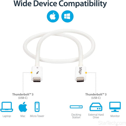 StarTech.com 40Gbps Thunderbolt 3 Cable - 1.6ft/0.5m - White - 5k 60Hz/4k 60Hz - Certified TB3 USB-C Charger Cord w/ 100W Power Delivery (TBLT34MM50CW) 1.5ft 40Gbps | White