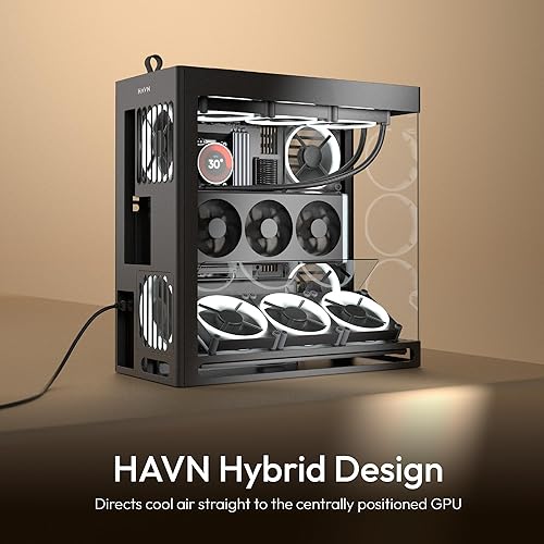 HAVN HS 420 VGPU Dual-Chamber Mid Tower ATX PC Case Black | PCIe 5.0 Vertical GPU Kit, 11x 140mm Fans & 3X 420mm Radiator Support, SimpliCable Cable Management, Tempered Glass, PWM Fan Hub Black Vertical GPU Mount HVN-CA-HS420-08