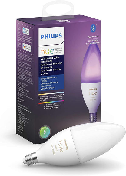 Philips Hue White &amp; Color E12 LED Candle Light Bulb, Bluetooth &amp; Zigbee Compatible (Hue Hub Optional), Works with Alexa &amp; Google Assistant 1 Count (Pack of 1) White and Color Ambiance (16 Million Colors)