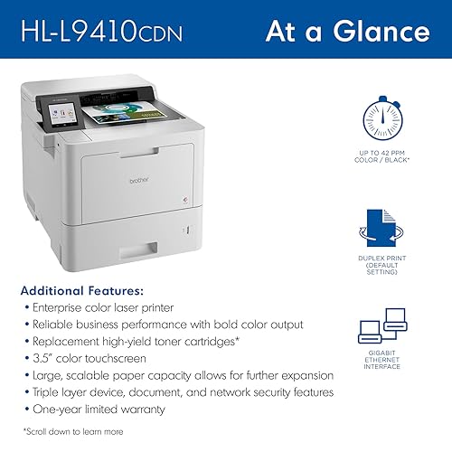 Brother HL-L9410CDN Enterprise Color Laser Printer with Fast Printing, Large Paper Capacity, and Advanced Security Features, White
