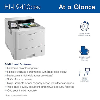 Brother HL-L9410CDN Enterprise Color Laser Printer with Fast Printing, Large Paper Capacity, and Advanced Security Features, White