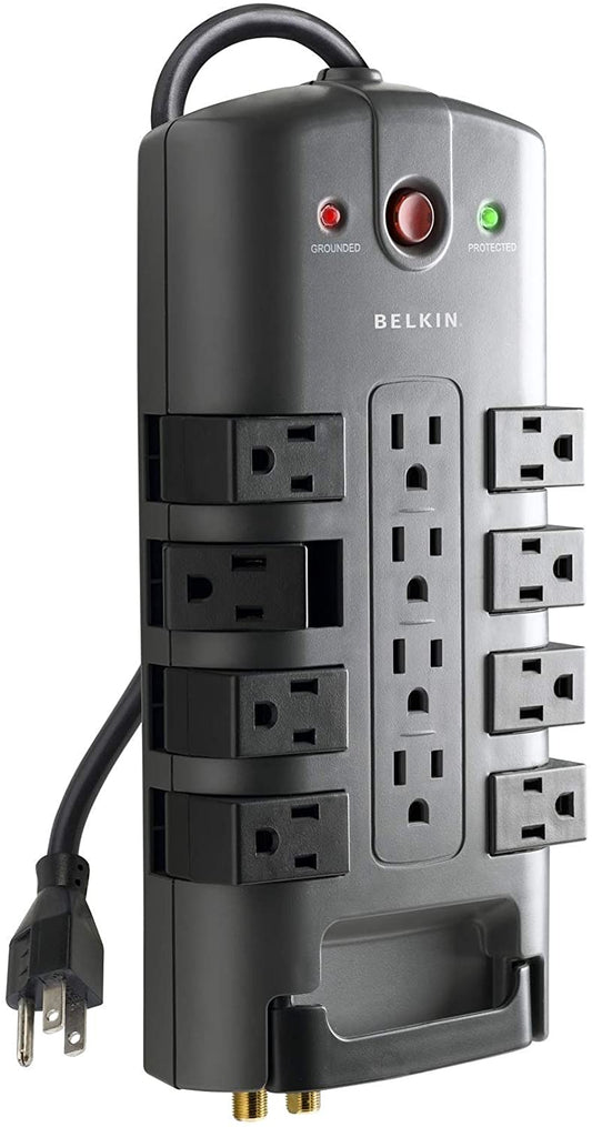 Belkin Surge Power Strip Protector - 8 Rotating &amp; 4 Stationary AC Multiple Outlets - 8 ft Long Heavy Duty Extension Cord Flat Pivot Plug for Home, Office, Travel, Desktop &amp; Charging Brick, 4320 Joules Phone Protection Power Strip 12-Outlet