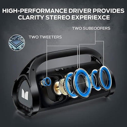 Monster Adventurer Max Boombox Bluetooth Speaker, IPX7 Waterproof Outdoor Speakers with Double Subwoofer, 100W Stereo Sound and Rich Bass, Wireless Speakers for Home, Party, Beach