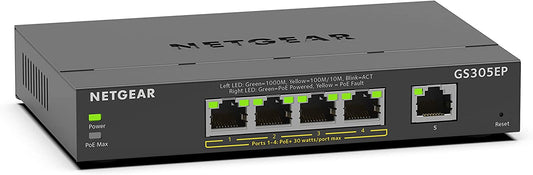 NETGEAR 5 Port PoE Gigabit Ethernet Plus Switch (GS305EP) - with 4 x PoE+ @ 63W, Desktop or Wall Mount Plus 5 Port | 4xPoE+ 63W