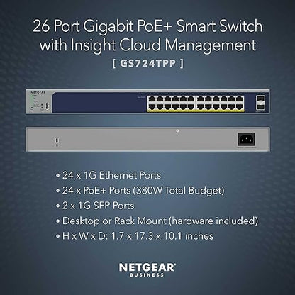 NETGEAR 26-Port PoE Gigabit Ethernet Smart Switch (GS724TPP) - Managed, Optional Insight Cloud Management, 24 x PoE+ @ 380W, 2 x 1G SFP, Desktop or Rackmount, and Limited Lifetime Protection