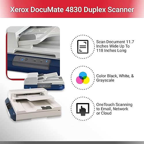 Xerox DocuMate 4830 - Document Scanner - Duplex - 11.7 in x 118 in - 600 DPI - up to 50 ppm (Mono) / up to 50 ppm (Color) - ADF (75 Sheets) - up to 3000 scans per Day - USB 2.0