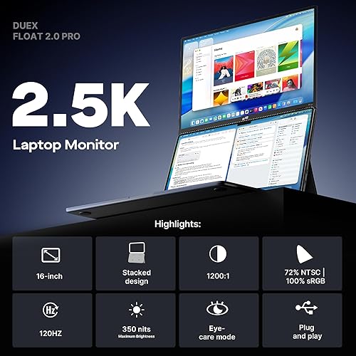 New Mobile Pixels Duex Float 2.0 Pro 2.5 K Portable Monitor, 16 Laptop Screen Extender (Built-in Kickstand), USB C/HDMI Stacked Monitor Extender with Dual Speakers, Windows, MacOS, Switch, Android