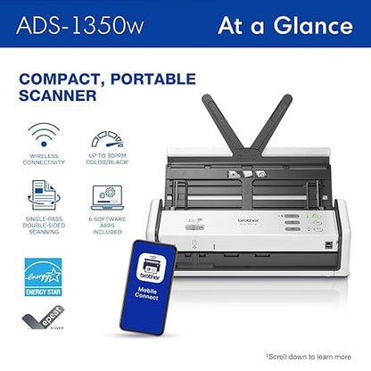 Brother ADS1350W Large Format Sheetfed Scanner - 600 x 600 dpi Optical - 30 ppm (Mono) - 30 ppm (Color) - Color, Monochrome Scan - Duplex Scanning - ID Card, Business Card, Plastic Card - Wireless LAN - Portable - USB