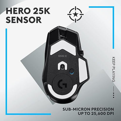 Logitech G502 X Lightspeed Wireless Gaming Mouse - Optical Mouse with LIGHTFORCE Hybrid Optical-Mechanical switches, Hero 25K Gaming Sensor, Compatible with PC - macOS/Windows - Black Black Wireless Non-RGB Mouse