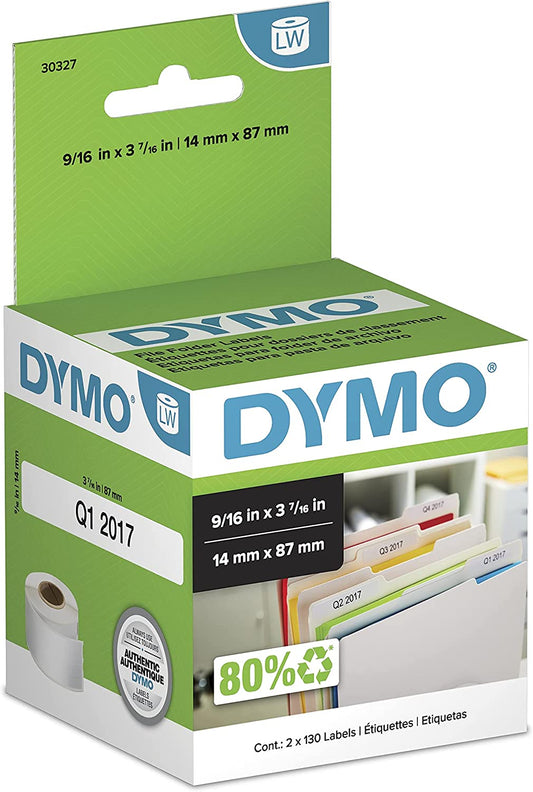 DYMO LW 1-Up File Folder Labels for LabelWriter Label Printers, White, 9/16'' x 3-7/16'', 2 Rolls of 130 (30327) File Folder Labels 2 Rolls