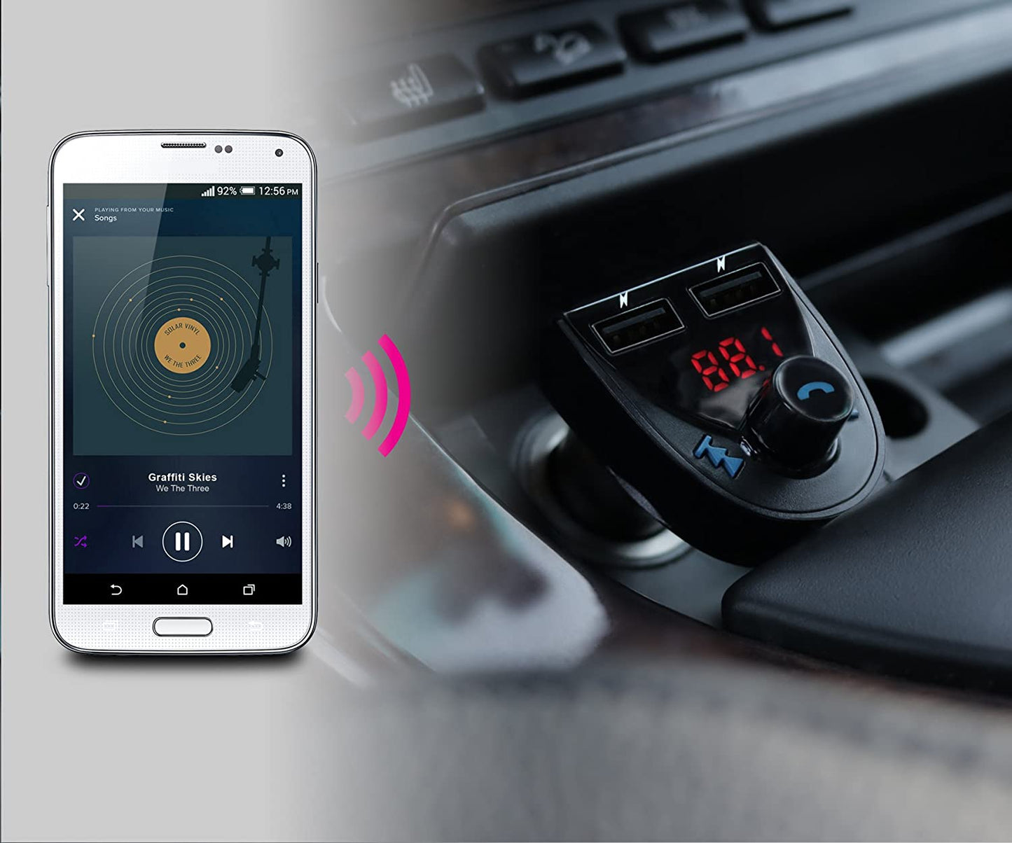 Aluratek Bluetooth Car Audio Receiver and FM Transmitter with Mic for Hands-Free Calls (ABF01F), Blue