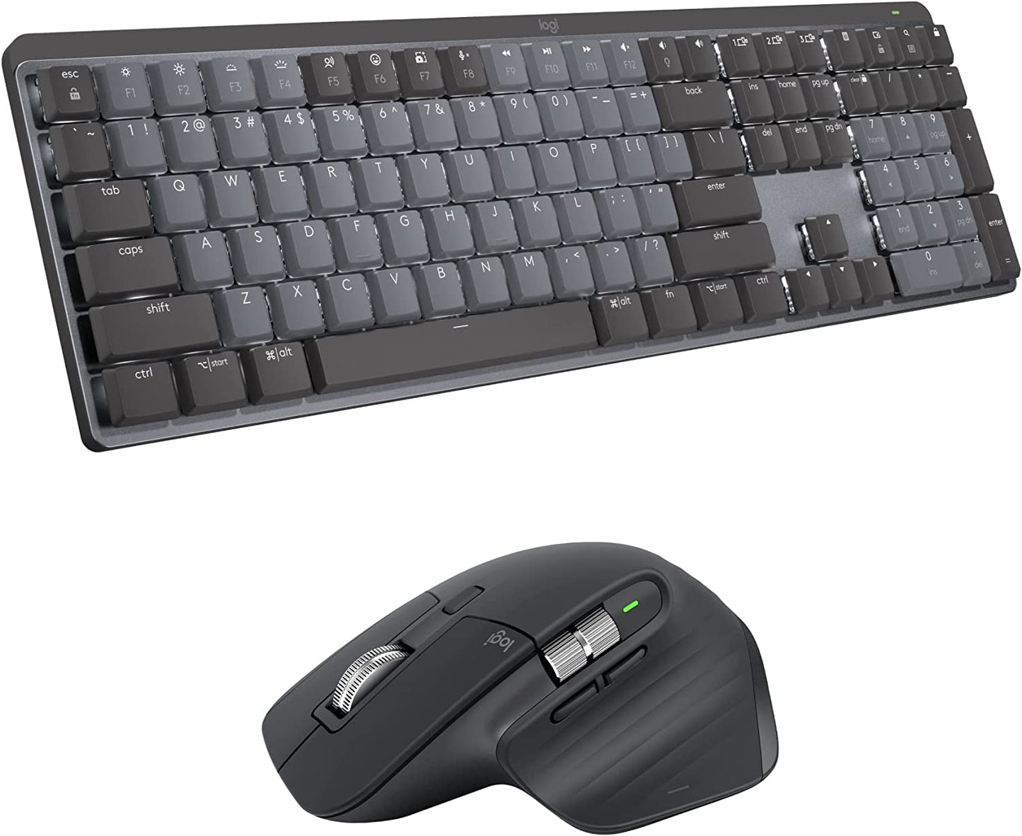 Logitech MX Mechanical Full-Size Illuminated Wireless Keyboard, Clicky, and MX Master 3S Performance Wireless Bluetooth Mouse Bundle, macOS, Windows, Linux, iOS, Android Full Size Keyboard + Mouse Clicky (satisfying click)