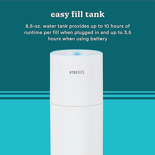 Homedics Portable Humidifier - Small Air Humidifiers for Bedroom, Plants, Office, Travel - Cool Mist Humidifiers, Color-Changing Accent Light, 2 Mist Settings, White