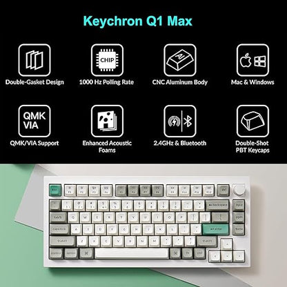 Keychron Q1 Max Hotswap Wireless Mechanical Keyboard|RGB|Aluminum Frame|Shell White|with Knob|Gateron Jupiter Red|75% Layout (84 Keys)|Windows Mac OS (Q1M-P1) Jupiter Red Shell White