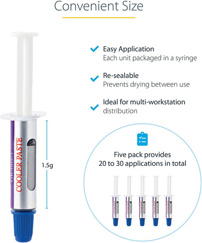 StarTech.com Thermal Paste, High Performance Thermal Paste, Pack of 5 Re-sealable Syringes (1.5g / Each), Metal Oxide Heat Sink Compound, CPU/GPU Thermal Grease Paste, RoHS/CE (SILV5-THERMAL-PASTE)
