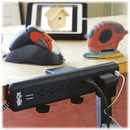 Tripp Lite Desk Clamp Surge Protector Power Strip, 6-Outlets & 2 USB, Microbrial Resistant, 8 ft Braided Cord, 2100 Joules, 1875W, 40,000 Insurance & Lifetime Manufacturer's Warranty (TLP608DMUAM)