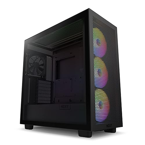 NZXT H7 Flow RGB CM-H71FB-R1 - Compact ATX Mid-Tower PC Gaming Case – High Airflow Perforated Front Panel – Tempered Glass Side Panel – 3 x F140 RGB Core Fans Included – 360mm Radiator Support – Black