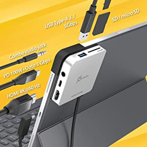 J5 create j5create iPad Pro USB C Hub- 6-in-1 Travel Dock for iPad Pro 12.9”/11”, with 4K@60Hz HDMI, USB C PD Charging 100W &amp; Data, USB A 3.1, SD and microSD Card Reader, 3.5mm Headphone Jack (JCD612)