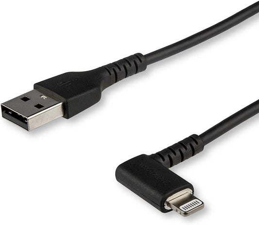 StarTech.com 3ft (1m) Durable USB A to Lightning Cable - Black 90° Right Angled Heavy Duty Rugged Aramid Fiber USB Type A to Lightning Charging/Sync Cord - Apple MFi Certified - iPhone (RUSBLTMM1MBR) Black 1m