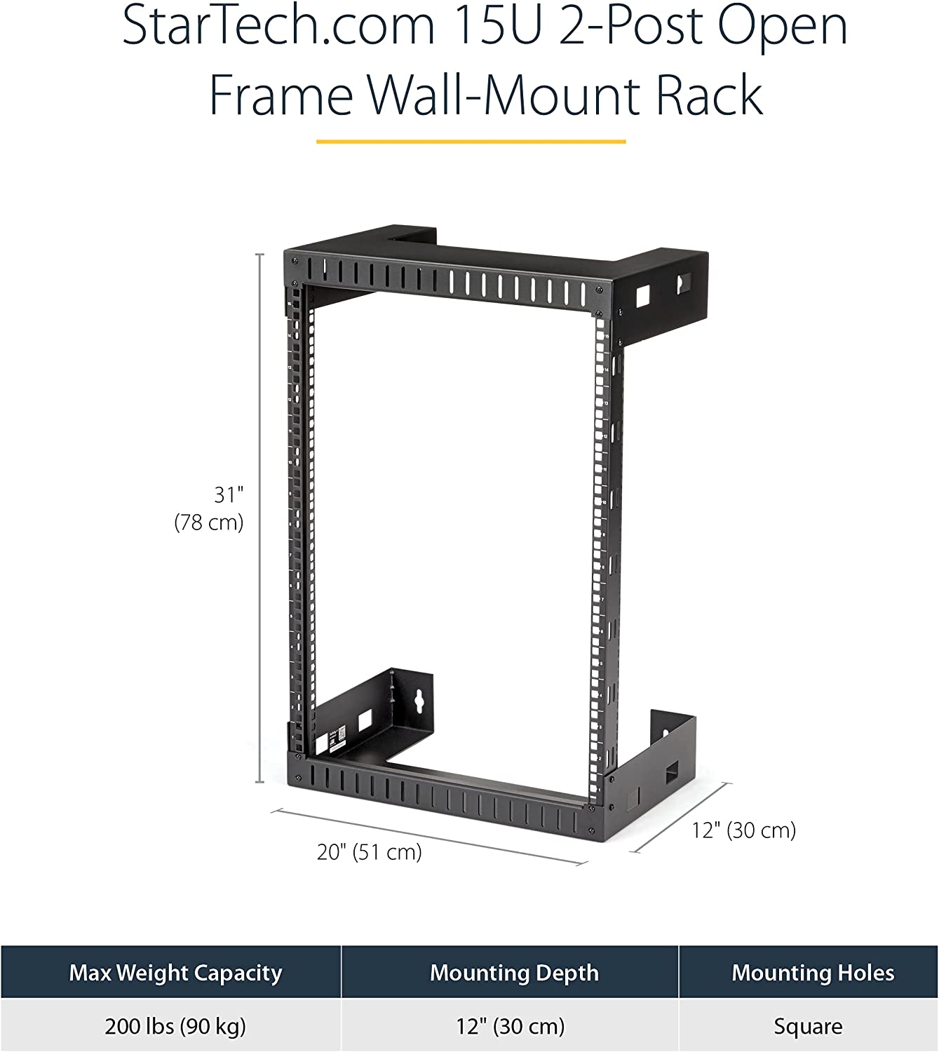 StarTech.com 15U 19" Wall Mount Network Rack - 12" Deep 2 Post Open Frame Server Room Rack for Data/AV/IT/Computer Equipment/Patch Panel with Cage Nuts &amp; Screws 200lb Capacity, Black (RK15WALLO) 15U Rack