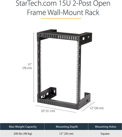 StarTech.com 15U 19" Wall Mount Network Rack - 12" Deep 2 Post Open Frame Server Room Rack for Data/AV/IT/Computer Equipment/Patch Panel with Cage Nuts &amp; Screws 200lb Capacity, Black (RK15WALLO) 15U Rack