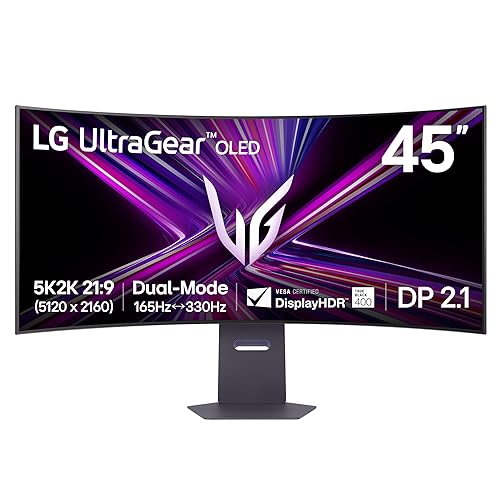 LG Ultragear™ 45GX950A 45-inch OLED Dual-Mode 5K2K (5120x2160) Gaming Monitor 800R Curved (WUHD 165Hz WFHD 330Hz) 0.03ms DisplayPort USB-C 90W NVIDIA® G-SYNC® Compatible AMD FreeSync™ Premium Pro 45" OLED 165 Hz 5K 5120 x 2160