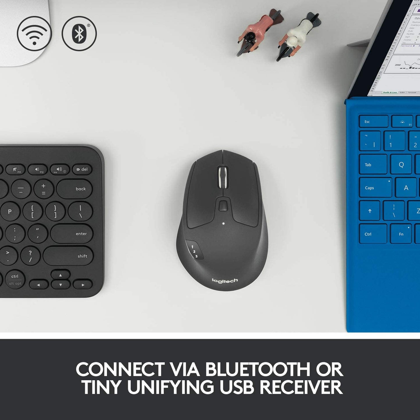 Logitech M720 Triathalon Multi-Device Wireless Mouse – Easily Move Text, Images and Files Between 3 Windows and Apple Mac Computers Paired with Bluetooth or USB, Hyper-Fast Scrolling, Black