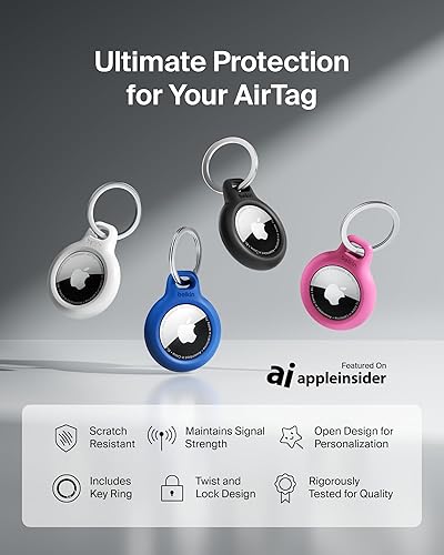 Belkin Apple AirTag Secure Holder with Key Ring - Durable Scratch Resistant Case with Open Face & Raised Edges - Protective AirTag Keychain Accessory for Keys, Pets, Luggage, Backpacks - 4-Pack Black