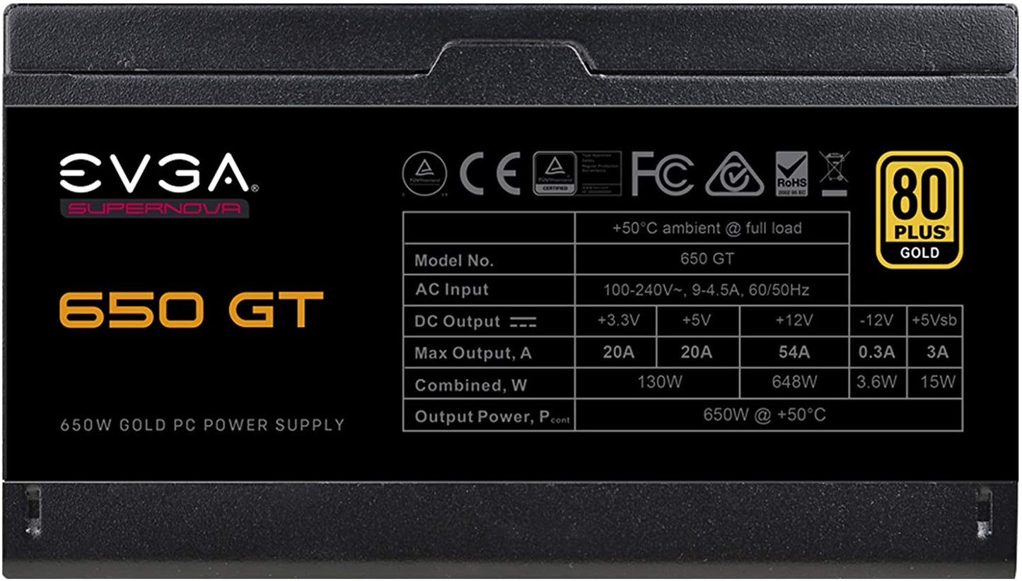 EVGA Supernova 650 GT, 80 Plus Gold 650W, Fully Modular, Auto Eco Mode with FDB Fan, 7 Year Warranty, Includes Power ON Self Tester, Compact 150mm Size, Power Supply 220-GT-0650-Y1 GT 650W