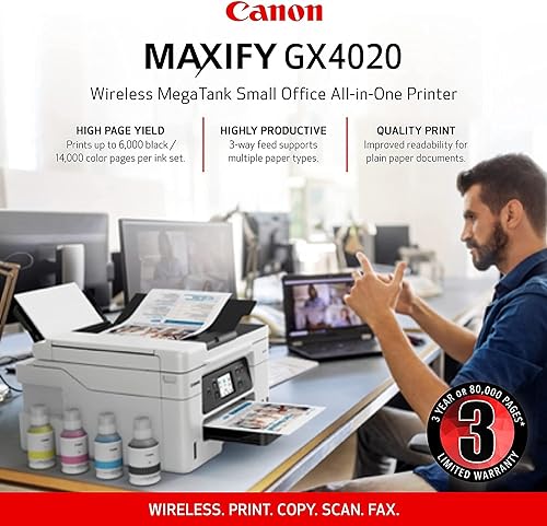 Canon Megatank GX4020 All-in-One Wireless Supertank Printer with Print, Copy, Scan and Fax | Auto Document Feeder | Mobile Printing | 2.7 LCD Touch Screen