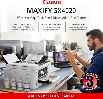 Canon Megatank GX4020 All-in-One Wireless Supertank Printer with Print, Copy, Scan and Fax | Auto Document Feeder | Mobile Printing | 2.7 LCD Touch Screen