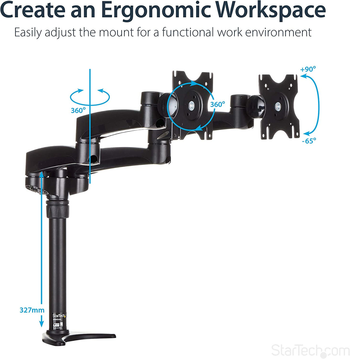 StarTech.com Desk Mount Dual Monitor Arm - Articulating - Supports Monitors 12'' to 24'' - Adjustable VESA Monitor Arm - Grommet or Desk Mount - Black (ARMDUAL) Desk Mount Articulating Arms