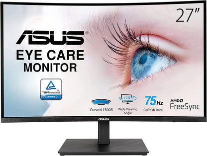 ASUS 27” 1080P Curved Monitor (VA27VQSE) - Full HD, 75Hz, 1ms, Adaptive-Sync/FreeSync, Low Blue Light, Flicker Free, VESA Mountable, Frameless, HDMI, DisplayPort, HDR-10, Height Adjustable 27" Curved FHD 1ms FreeSync Height Adjustable