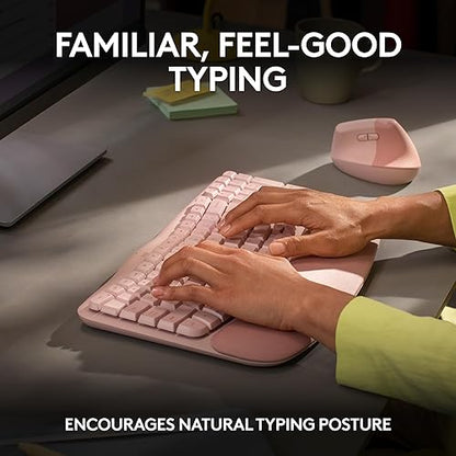 Logitech Wave Keys Wireless Ergonomic Keyboard with Cushioned Palm Rest, Comfortable Natural Typing, Easy-Switch, Bluetooth, Logi Bolt Receiver, for Multi-OS, Windows/Mac - Rose English Keyboard Rose
