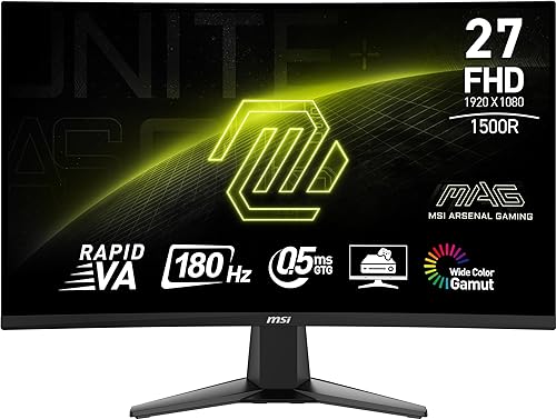 MSI MAG27C6F 27-inch 1920 x 1080 (FHD), Rapid VA, Gaming Monitor 180Hz, Adaptive Sync, 0.5ms, HDMI, Display-Port, VESA Mountable, Tilt