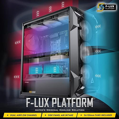 Antec Dark League DF600 Flux, Mid-Tower ATX Gaming Case, Flux Platform, 5 x 120mm Fans Included, ARGB & PWM Fan Controller, Tempered Glass Side Panel, 2 x USB3.0, High-End GPU Support